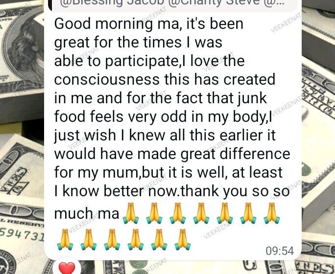 Screenshot of a client's WhatsApp message thanking VeekeeNat for a wellness challenge