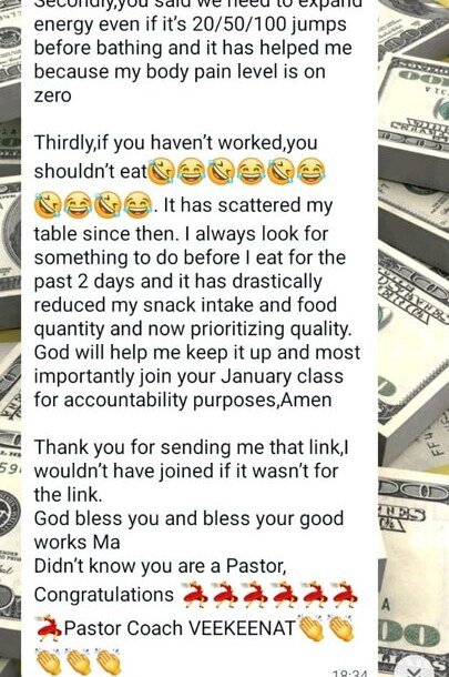 Screenshot of a client's WhatsApp message about joining a VeekeeNat wellness class