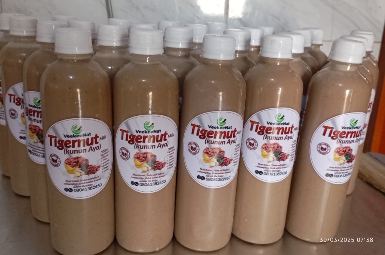 Bottles of VeekeeNat Tigernut Milk (Kunun Aya) freshly prepared and labeled